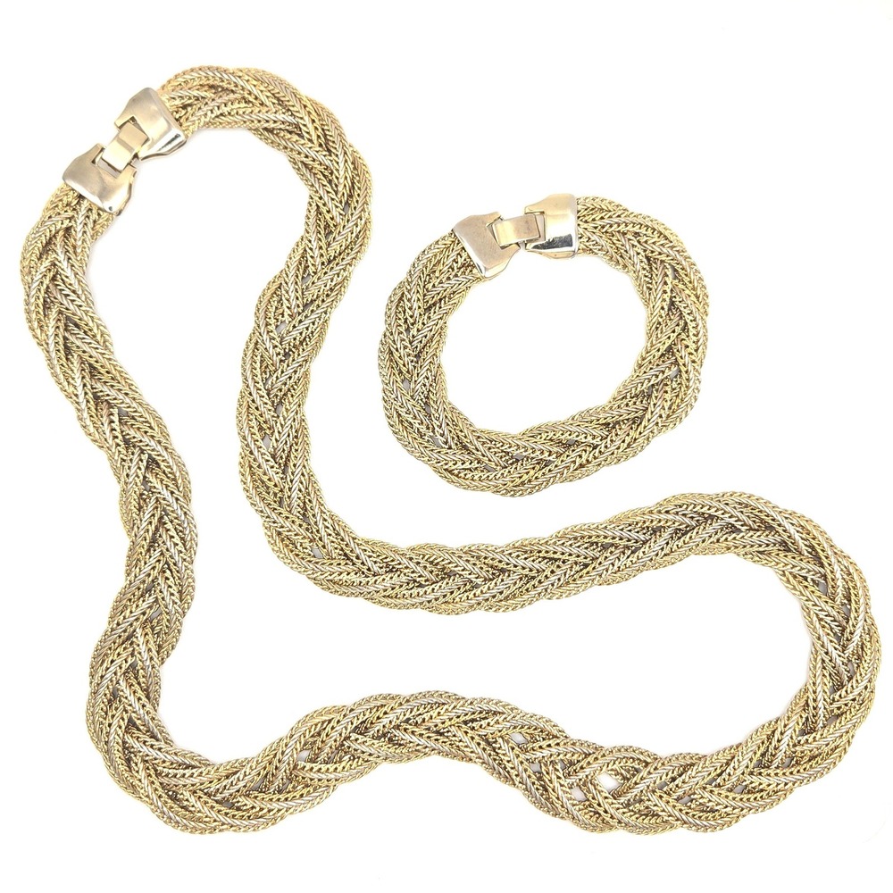 Gold Tone Braided Vintage Chain Necklace Bracelet Set Classic Fold Over‎ Clasp